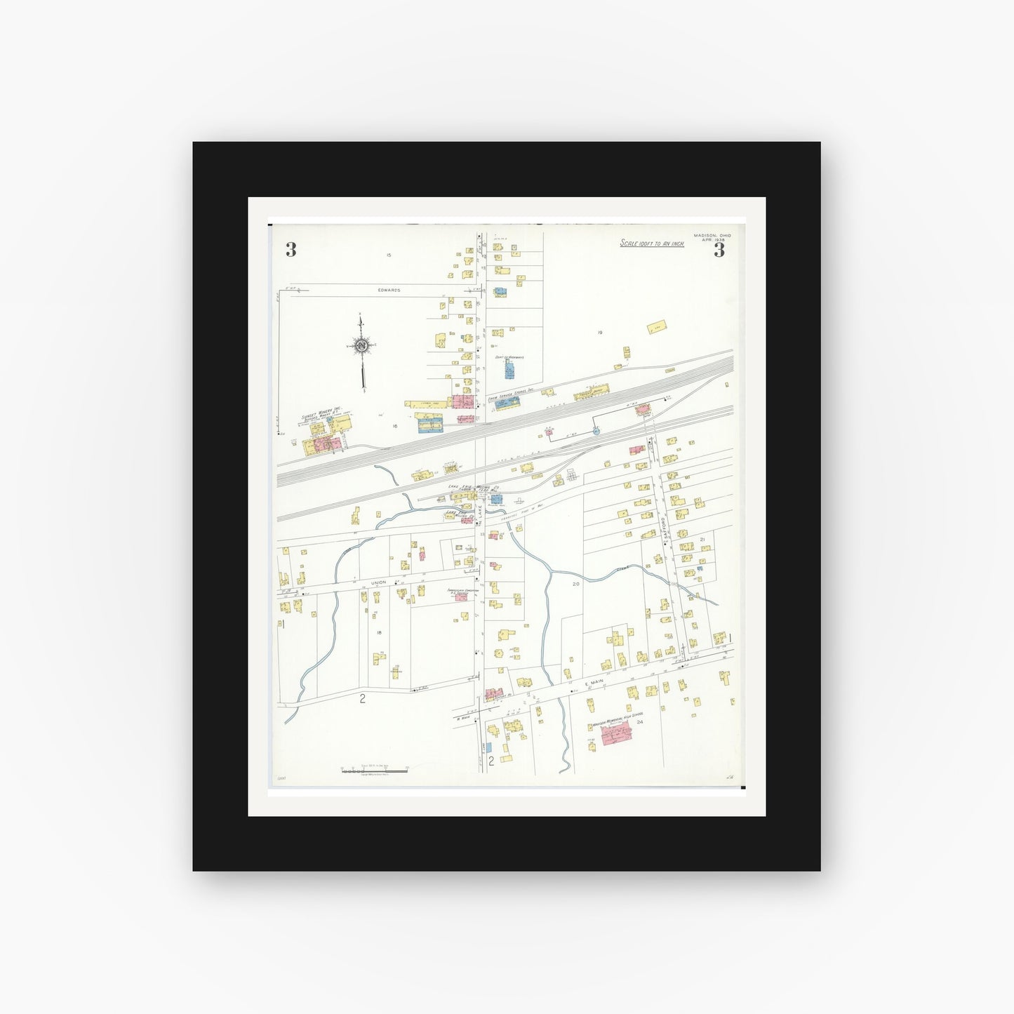 Old map wall art mockup — black gallery frame with white mat — Sanborn Fire Insurance Map from Madison, Lake County, Ohio (1938), Sheet #0003