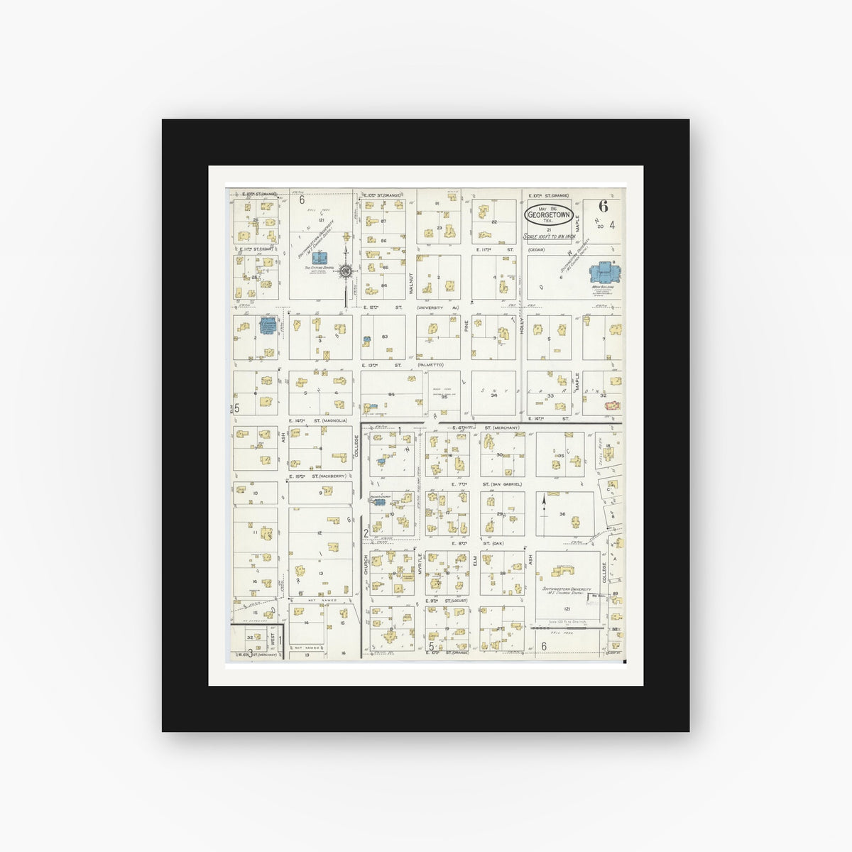 Old map wall art mockup — black gallery frame with white mat — Sanborn Fire Insurance Map from Georgetown, Williamson County, Texas (1916), Sheet #0006