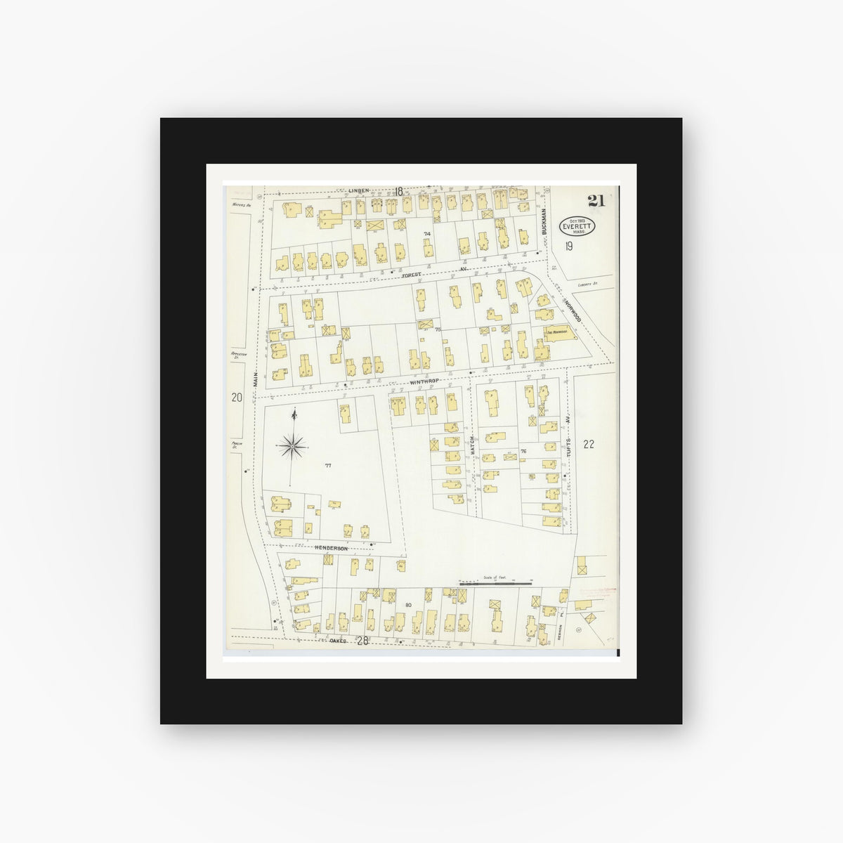 Old map wall art mockup — black gallery frame with white mat — Sanborn Fire Insurance Map from Everett, Middlesex County, Massachusetts (1903), Sheet #0021
