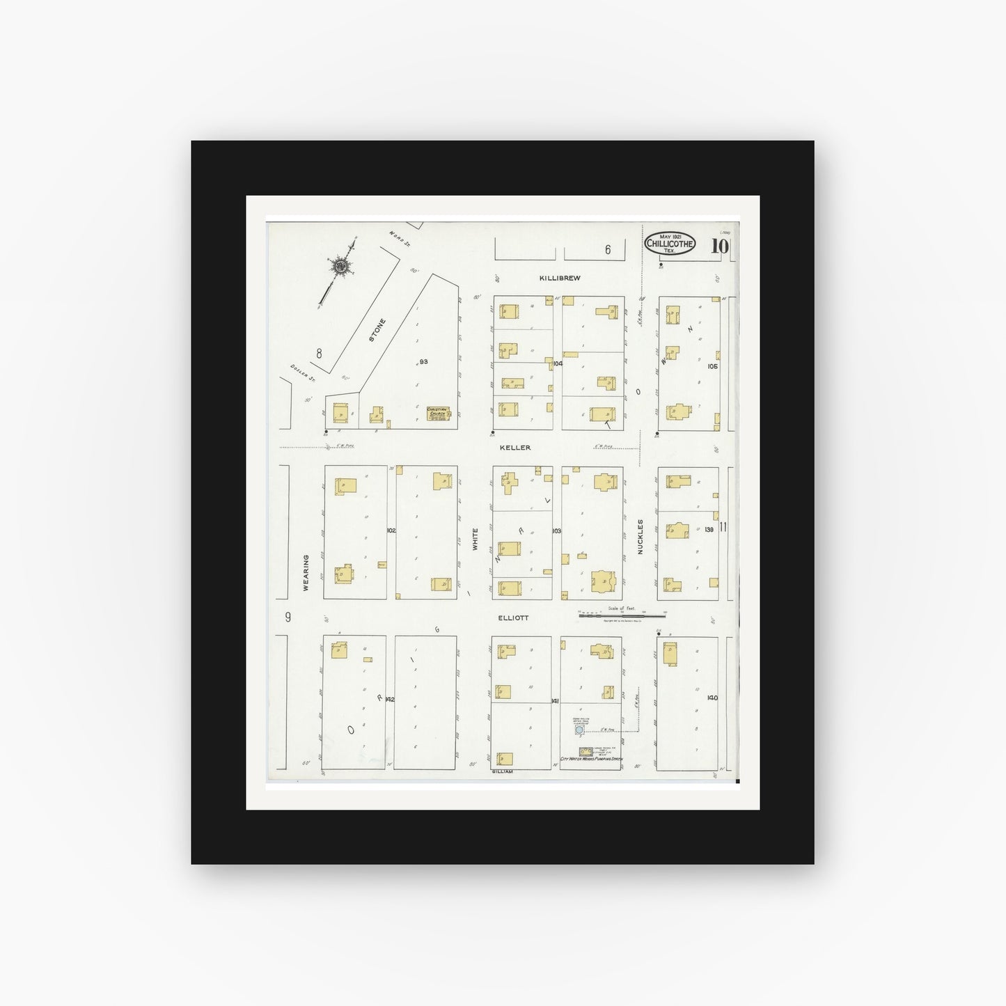 Old map wall art mockup — black gallery frame with white mat — Sanborn Fire Insurance Map from Chillicothe, Hardeman County, Texas (1921), Sheet #0010