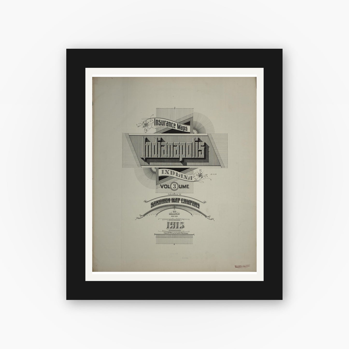 Old map wall art mockup — black gallery frame with white mat — Sanborn Fire Insurance Map from Indianapolis, Marion County, Indiana (1915), Sheet #0001