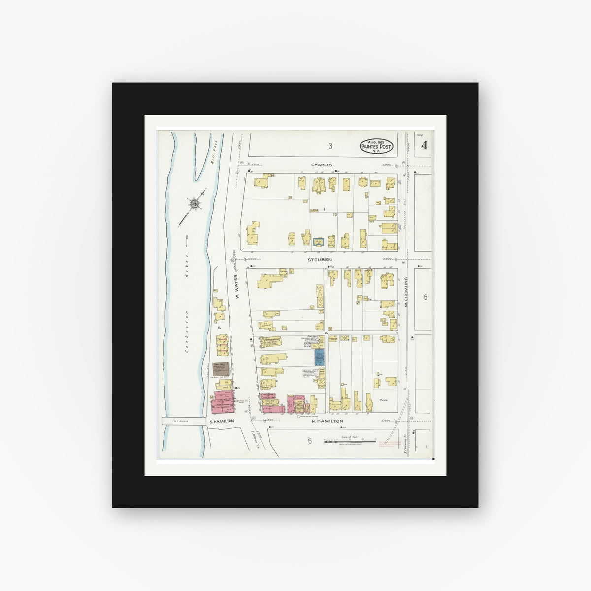 Old map wall art mockup — black gallery frame with white mat — Sanborn Fire Insurance Map from Painted Post, Steuben County, New York (1921), Sheet #0004