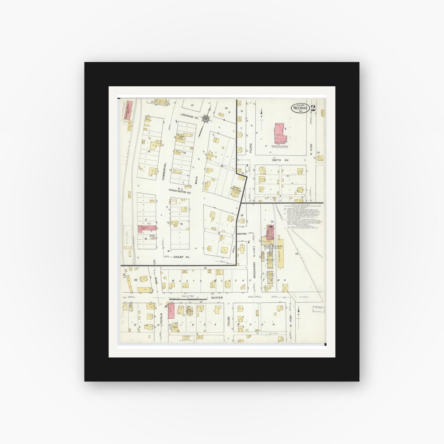 Old map wall art mockup — black gallery frame with white mat — Sanborn Fire Insurance Map from Neosho, Newton County, Missouri (1916), Sheet #0002