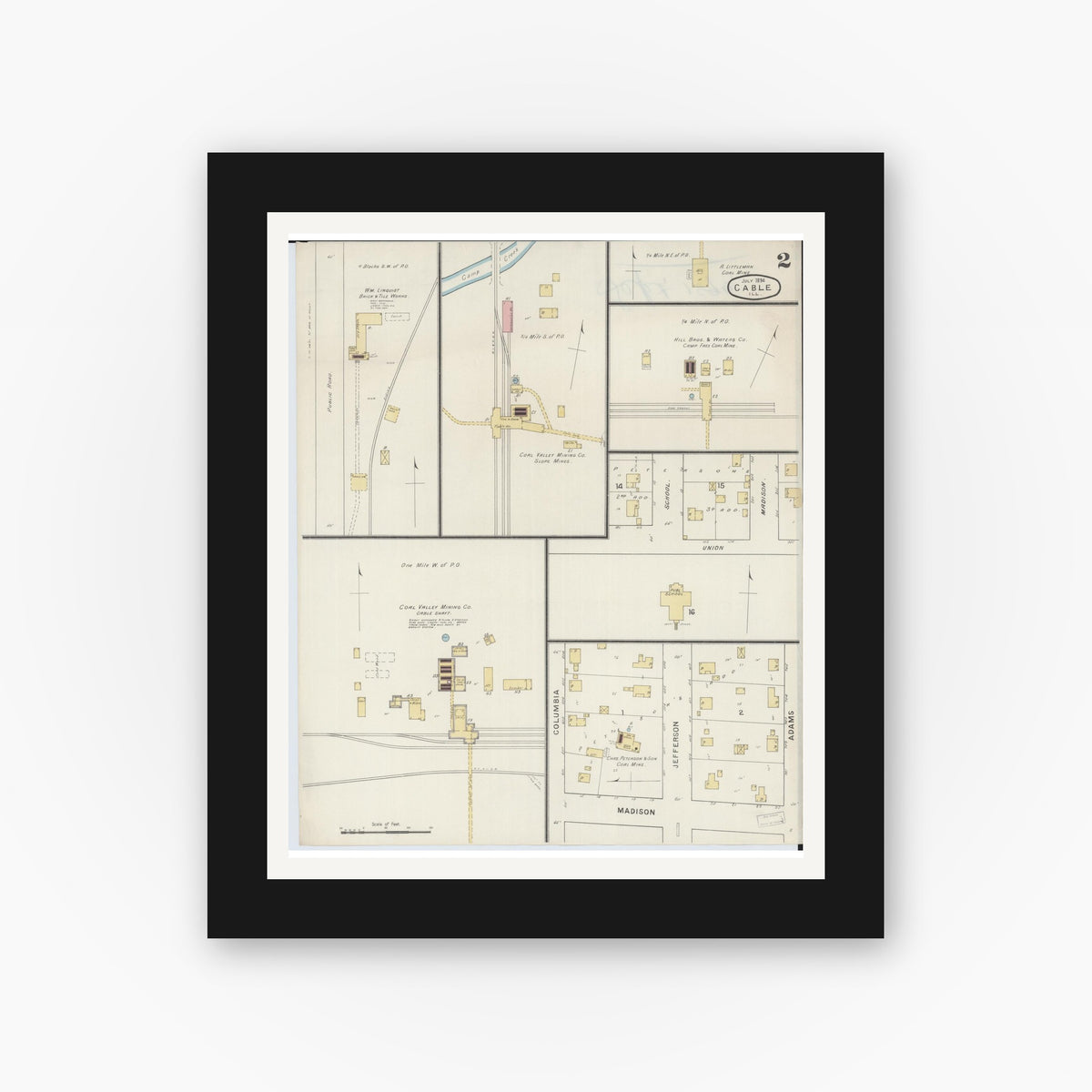Old map wall art mockup — black gallery frame with white mat — Sanborn Fire Insurance Map from Cable, Mercer County, Illinois (1894), Sheet #0002