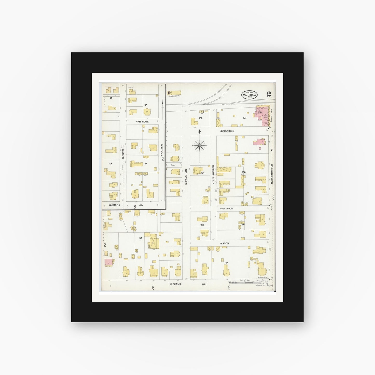 Old map wall art mockup — black gallery frame with white mat — Sanborn Fire Insurance Map from Marshall, Harrison County, Texas (1904), Sheet #0002