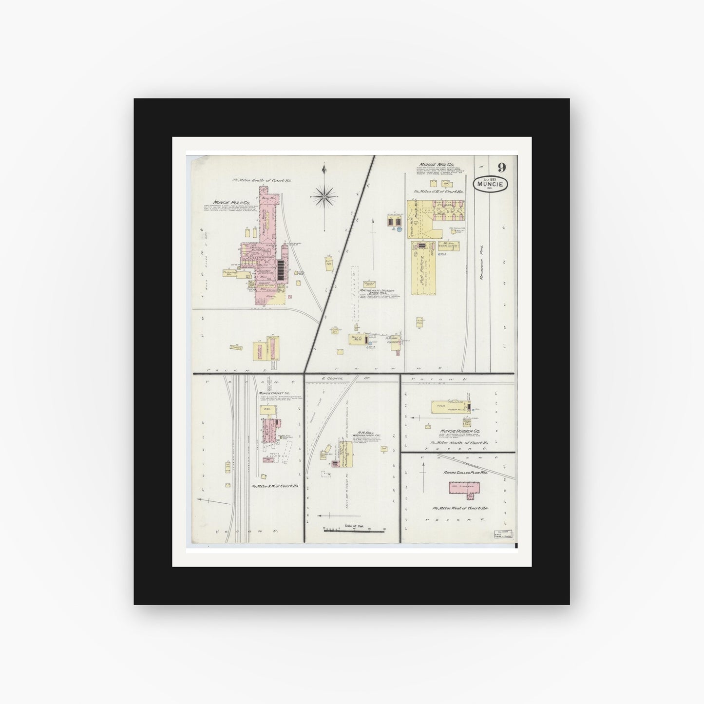 Old map wall art mockup — black gallery frame with white mat — Sanborn Fire Insurance Map from Muncie, Delaware County, Indiana (1889), Sheet #0009