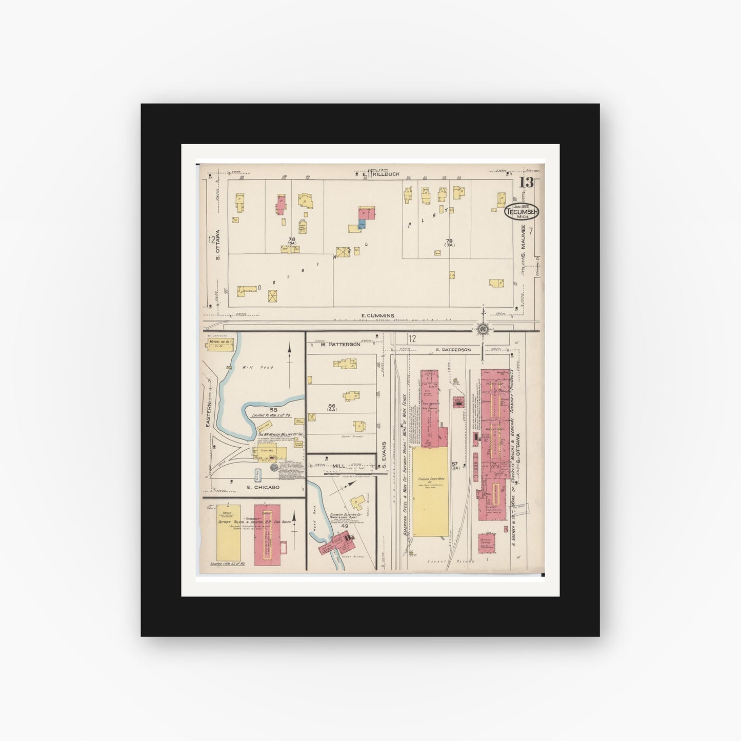 Old map wall art mockup — black gallery frame with white mat — Sanborn Fire Insurance Map from Tecumseh, Lenawee County, Michigan (1922), Sheet #0013