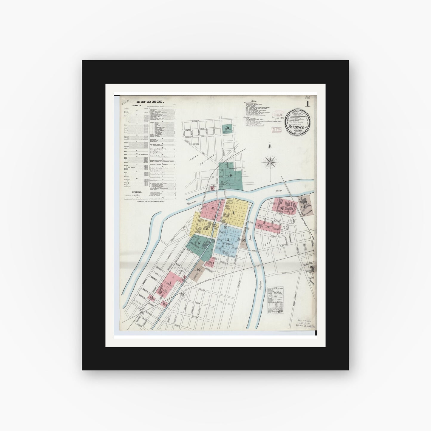 Old map wall art mockup — black gallery frame with white mat — Sanborn Fire Insurance Map from Defiance, Defiance County, Ohio (1893), Sheet #0001