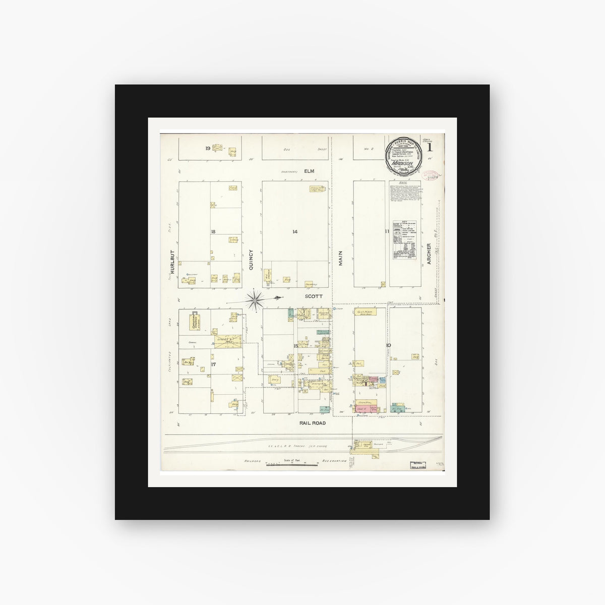 Old map wall art mockup — black gallery frame with white mat — Sanborn Fire Insurance Map from Madison, Yolo County, California (1891) - Complete Map Set