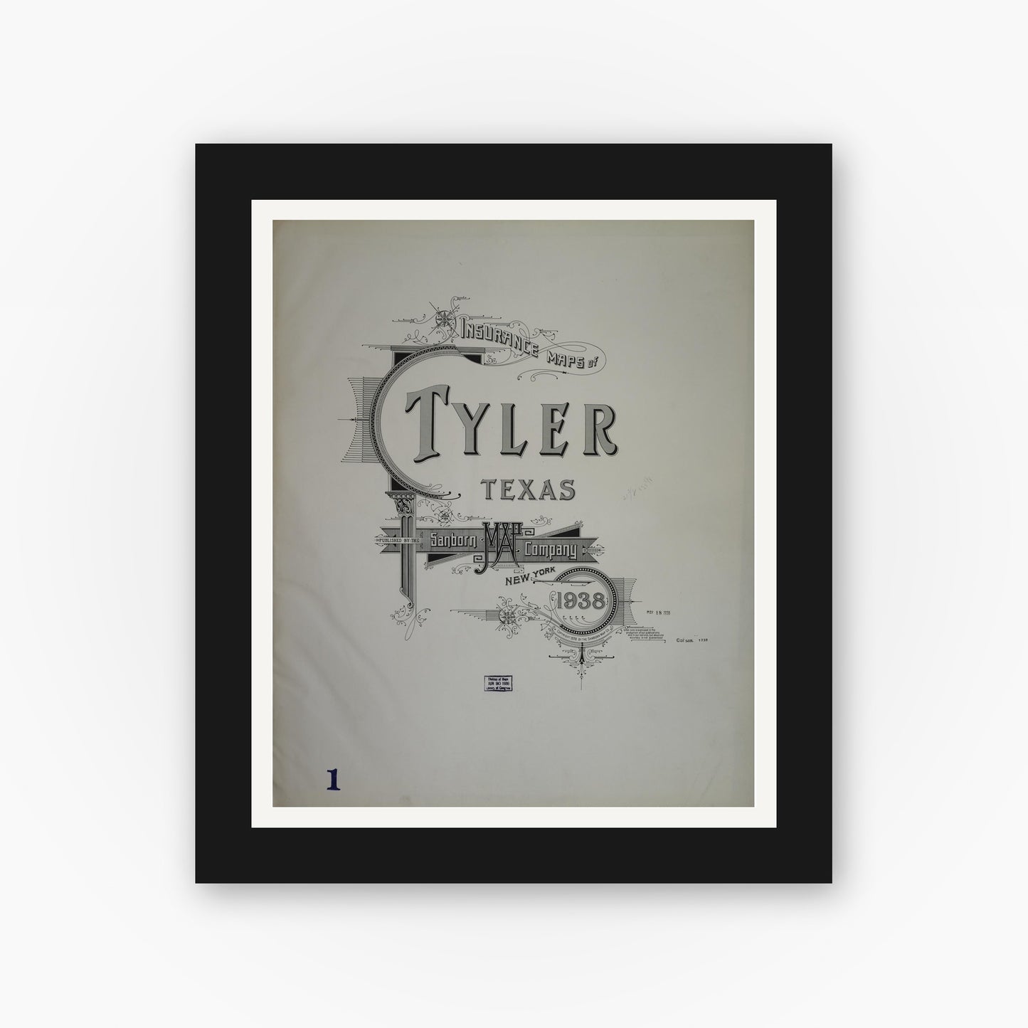 Old map wall art mockup — black gallery frame with white mat — Sanborn Fire Insurance Map from Tyler, Smith County, Texas (1938), Sheet #0001