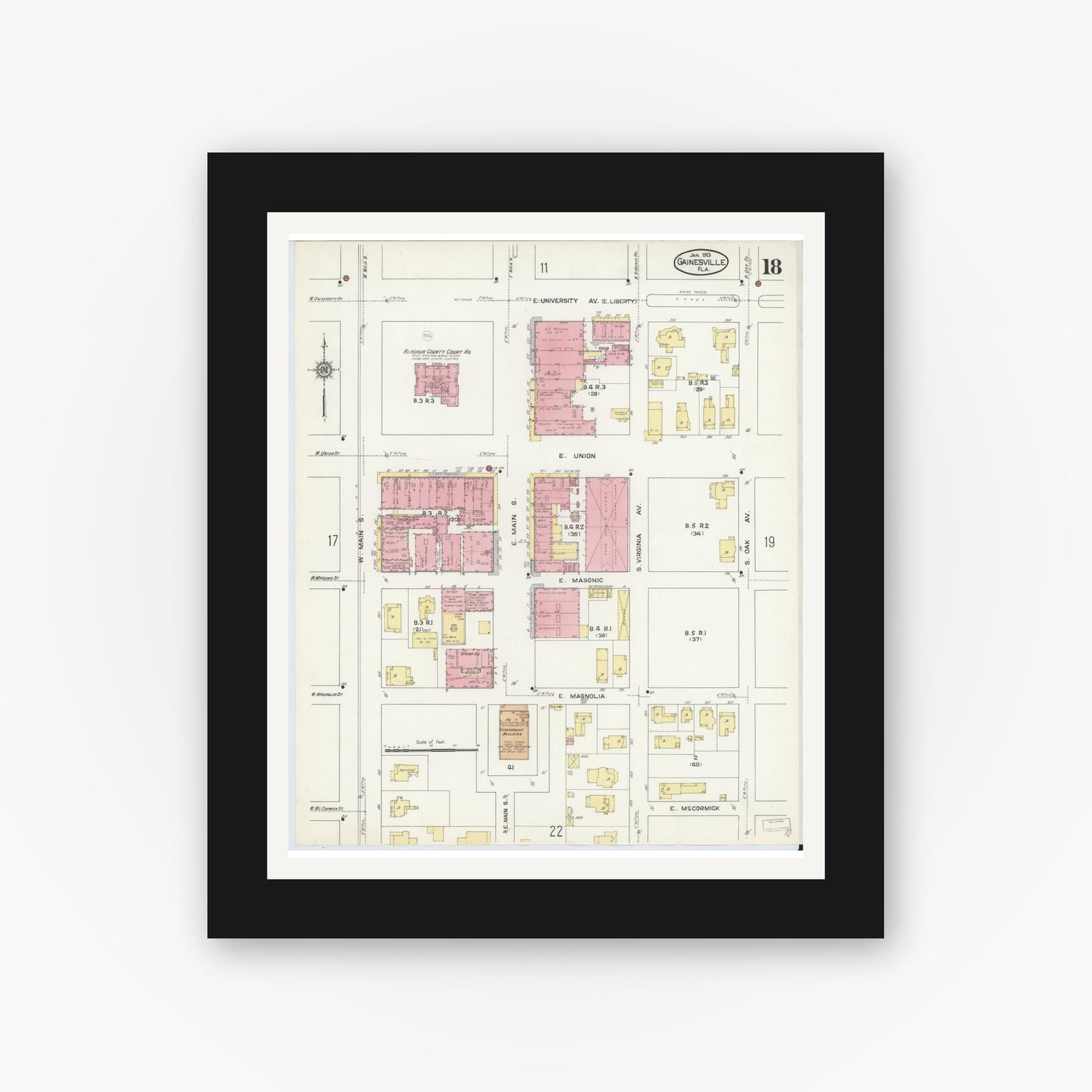 Old map wall art mockup — black gallery frame with white mat — Sanborn Fire Insurance Map from Gainesville, Alachua County, Florida (1913), Sheet #0018