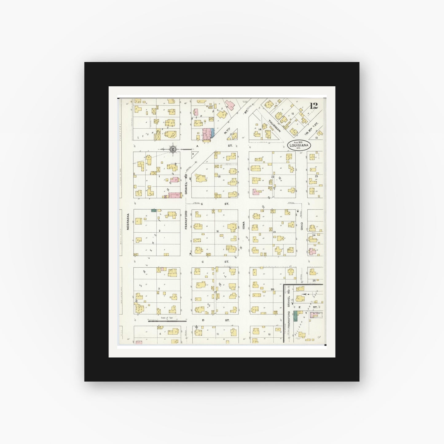 Old map wall art mockup — black gallery frame with white mat — Sanborn Fire Insurance Map from Louisiana, Pike County, Missouri (1909), Sheet #0012