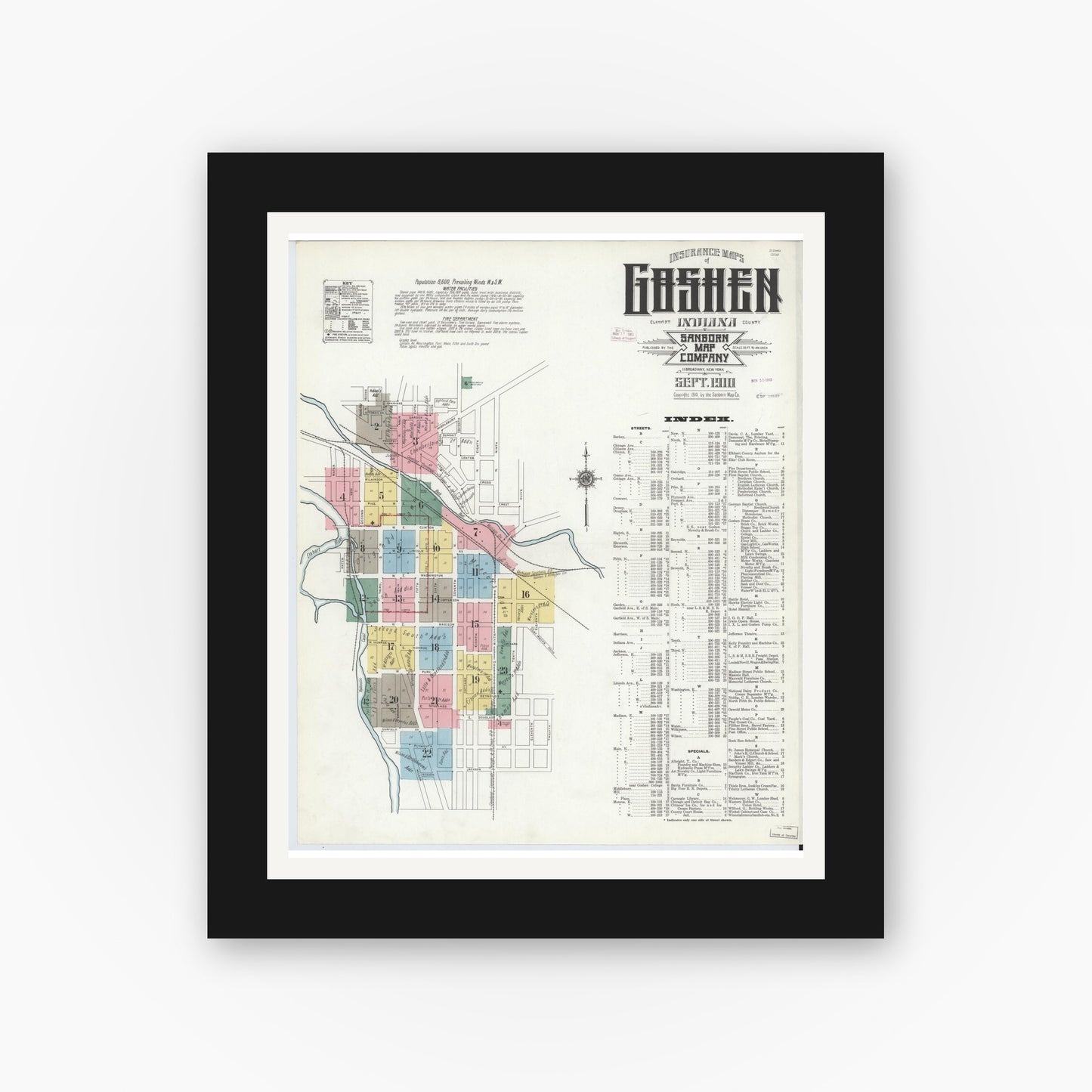 Old map wall art mockup — black gallery frame with white mat — Sanborn Fire Insurance Map from Goshen, Elkhart County, Indiana (1910), Sheet #0001
