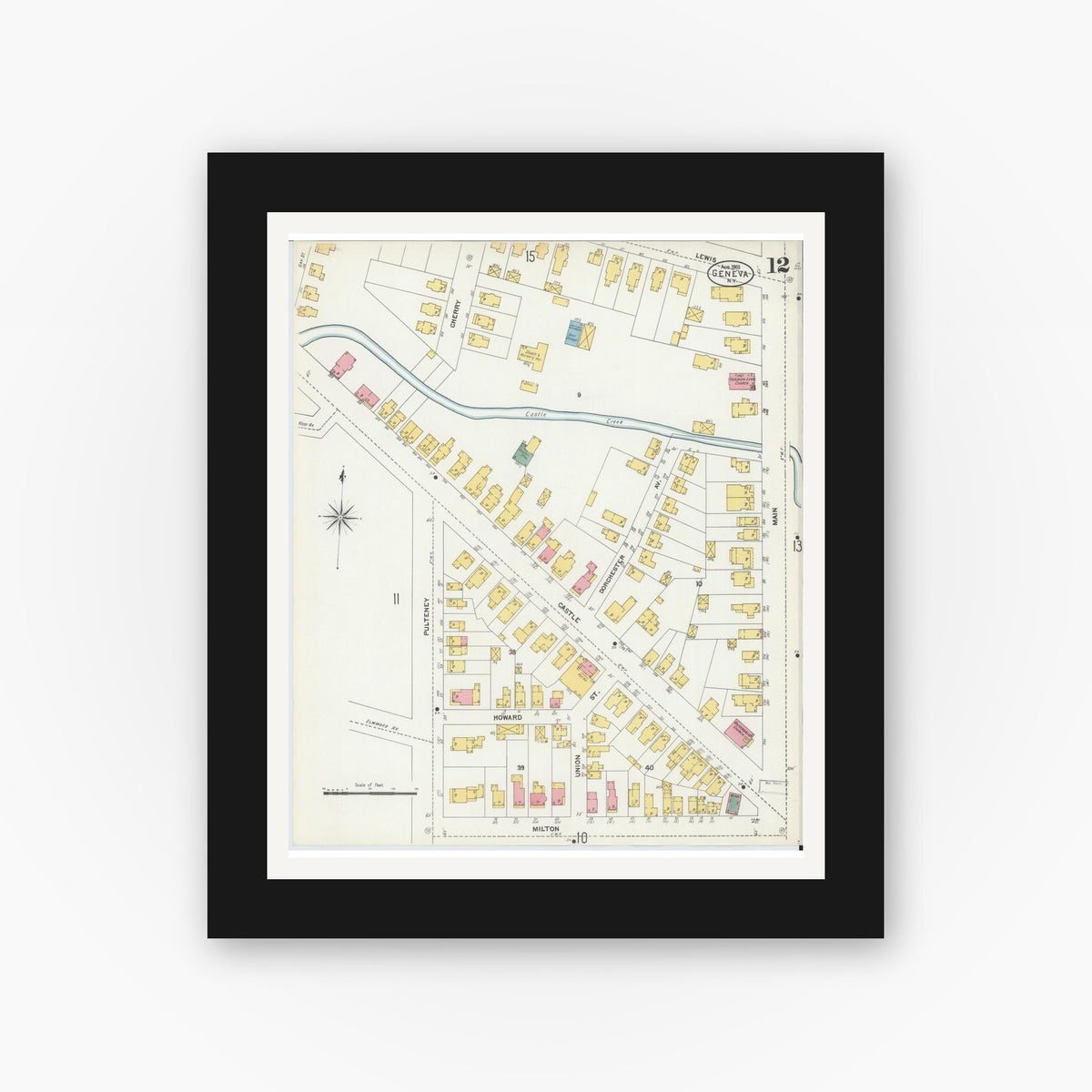 Old map wall art mockup — black gallery frame with white mat — Sanborn Fire Insurance Map from Geneva, Ontario County, New York (1903), Sheet #0012