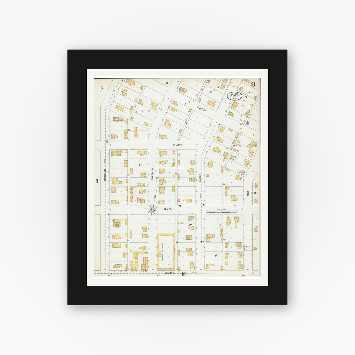 Old map wall art mockup — black gallery frame with white mat — Sanborn Fire Insurance Map from De Pere, Brown County, Wisconsin (1900), Sheet #0009