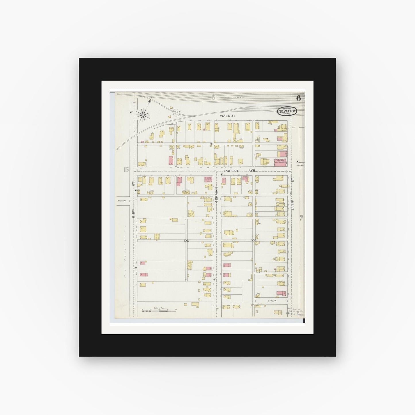 Old map wall art mockup — black gallery frame with white mat — Sanborn Fire Insurance Map from Newark, Licking County, Ohio (1893), Sheet #0006