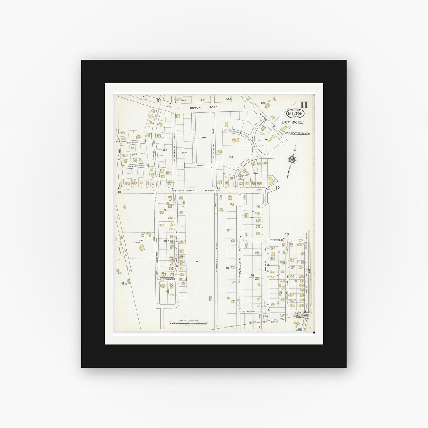 Old map wall art mockup — black gallery frame with white mat — Sanborn Fire Insurance Map from Milton, Norfolk County, Massachusetts (1917), Sheet #0011