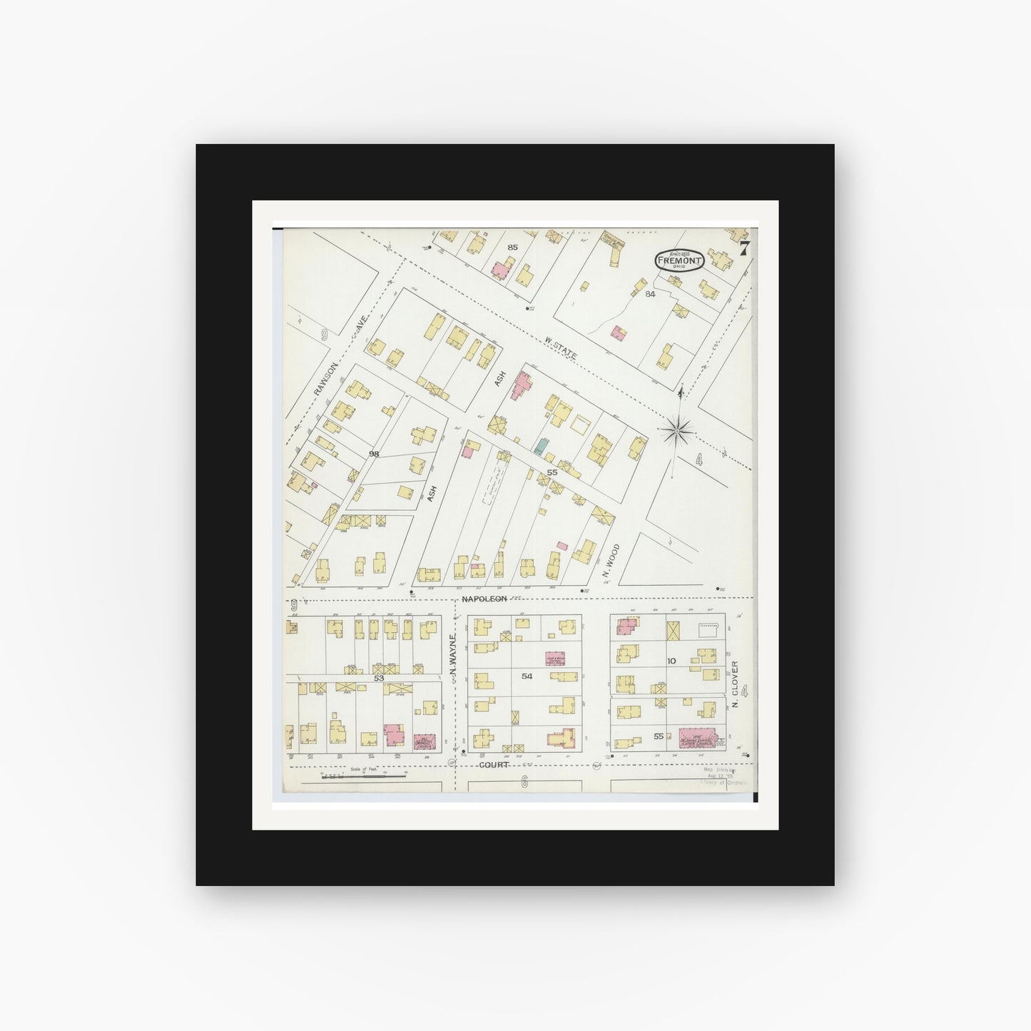 Old map wall art mockup — black gallery frame with white mat — Sanborn Fire Insurance Map from Fremont, Sandusky County, Ohio (1893), Sheet #0007