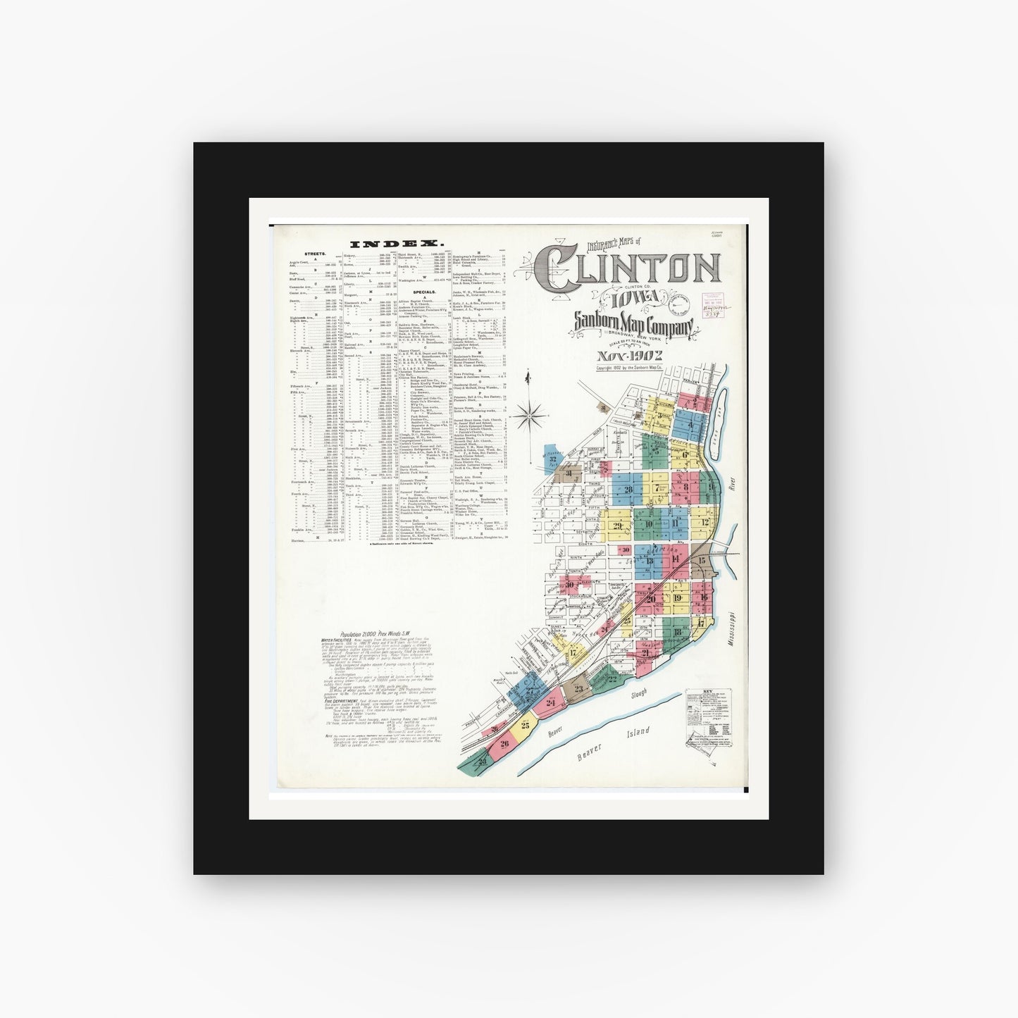 Old map wall art mockup — black gallery frame with white mat — Sanborn Fire Insurance Map from Clinton, Clinton County, Iowa (1902) — Complete Set
