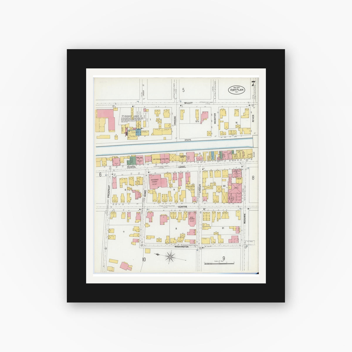 Old map wall art mockup — black gallery frame with white mat — Sanborn Fire Insurance Map from Fort Plain, Montgomery County, New York (1901), Sheet #0007
