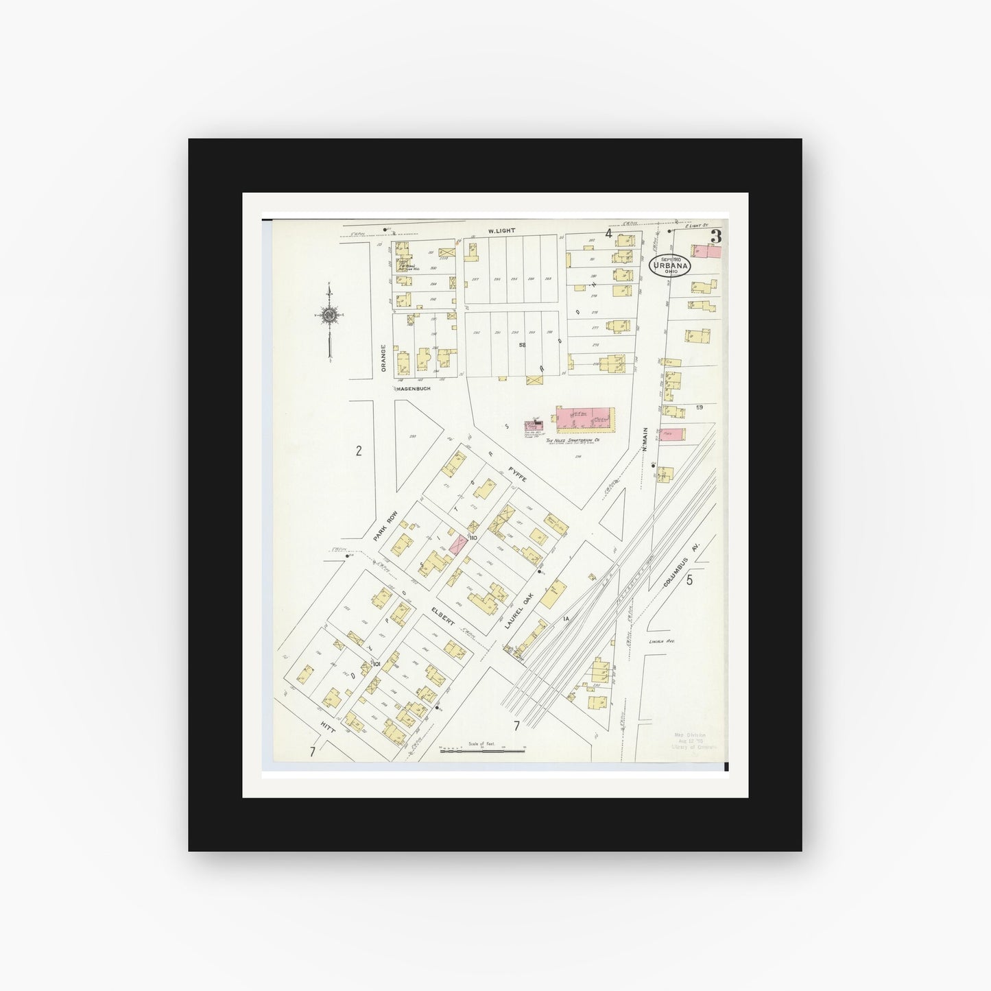 Old map wall art mockup — black gallery frame with white mat — Sanborn Fire Insurance Map from Urbana, Champaign County, Ohio (1910), Sheet #0003