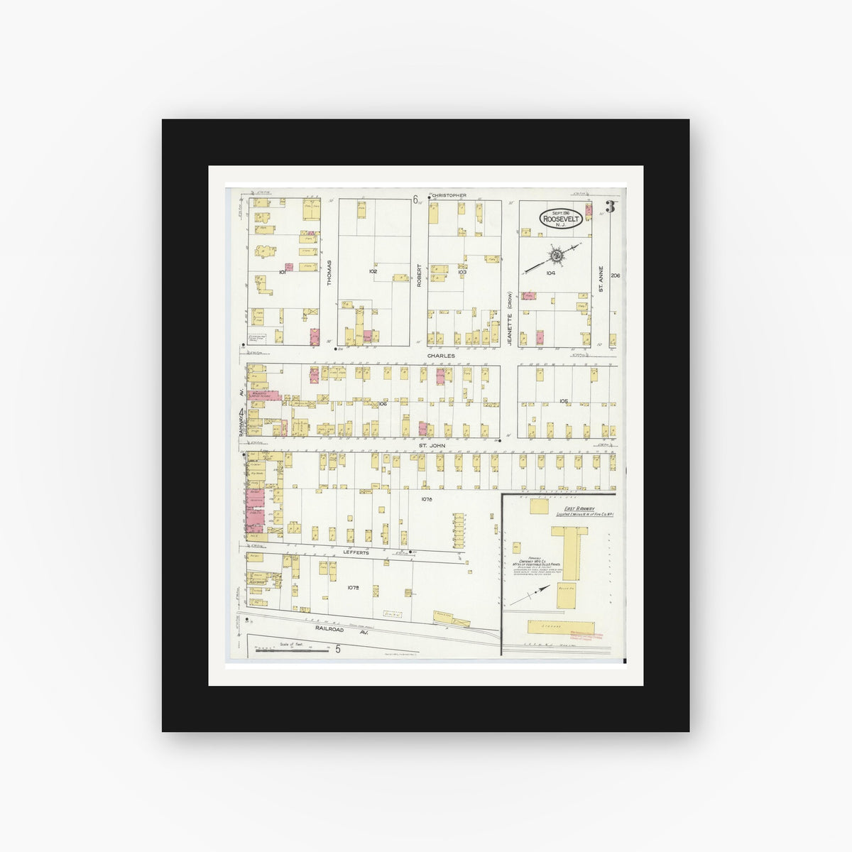 Old map wall art mockup — black gallery frame with white mat — Sanborn Fire Insurance Map from Roosevelt, Middlesex County, New Jersey (1916), Sheet #0003