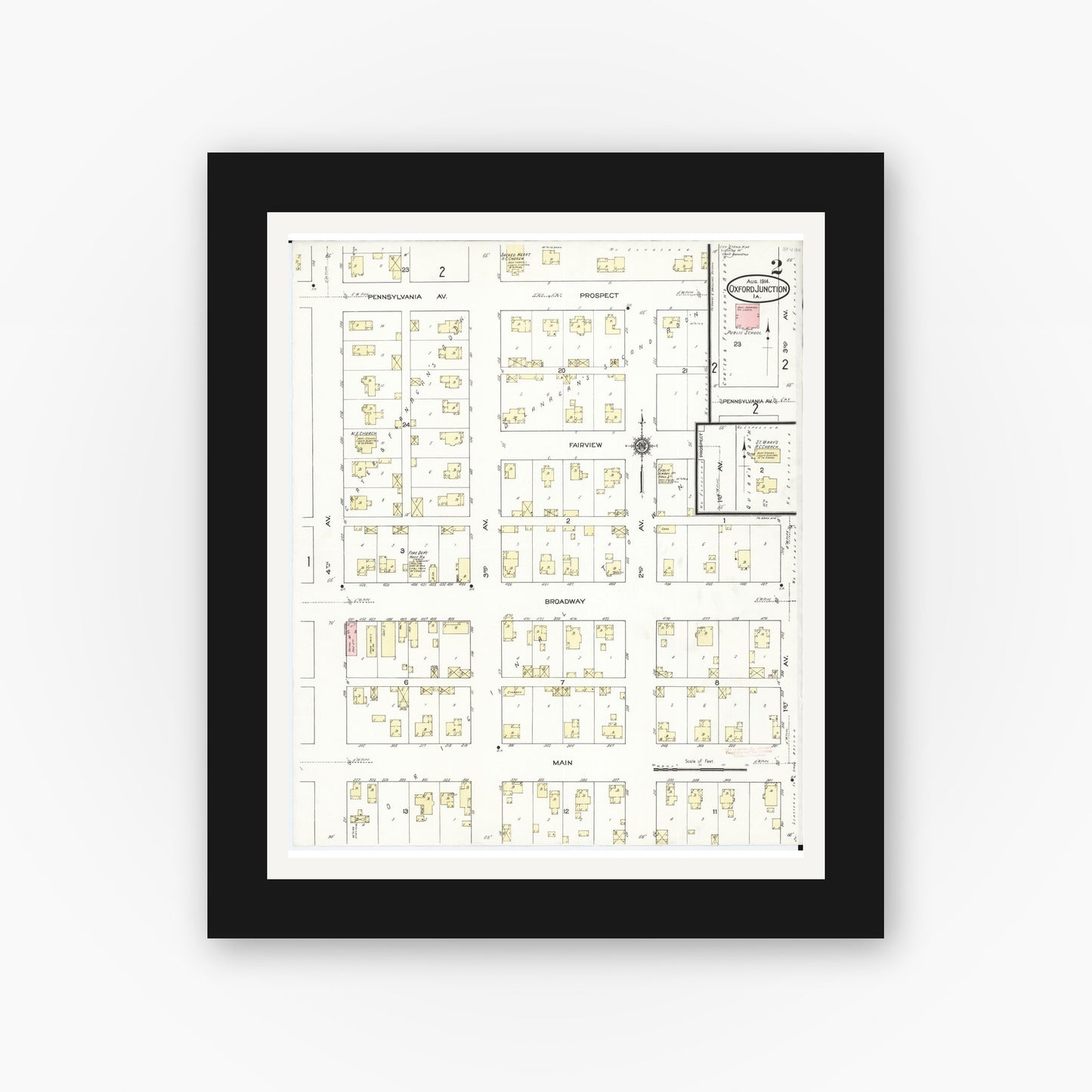 Old map wall art mockup β black gallery frame with white mat β Sanborn Fire Insurance Map from Oxford Junction, Jones County, Iowa (1914), Sheet #0002