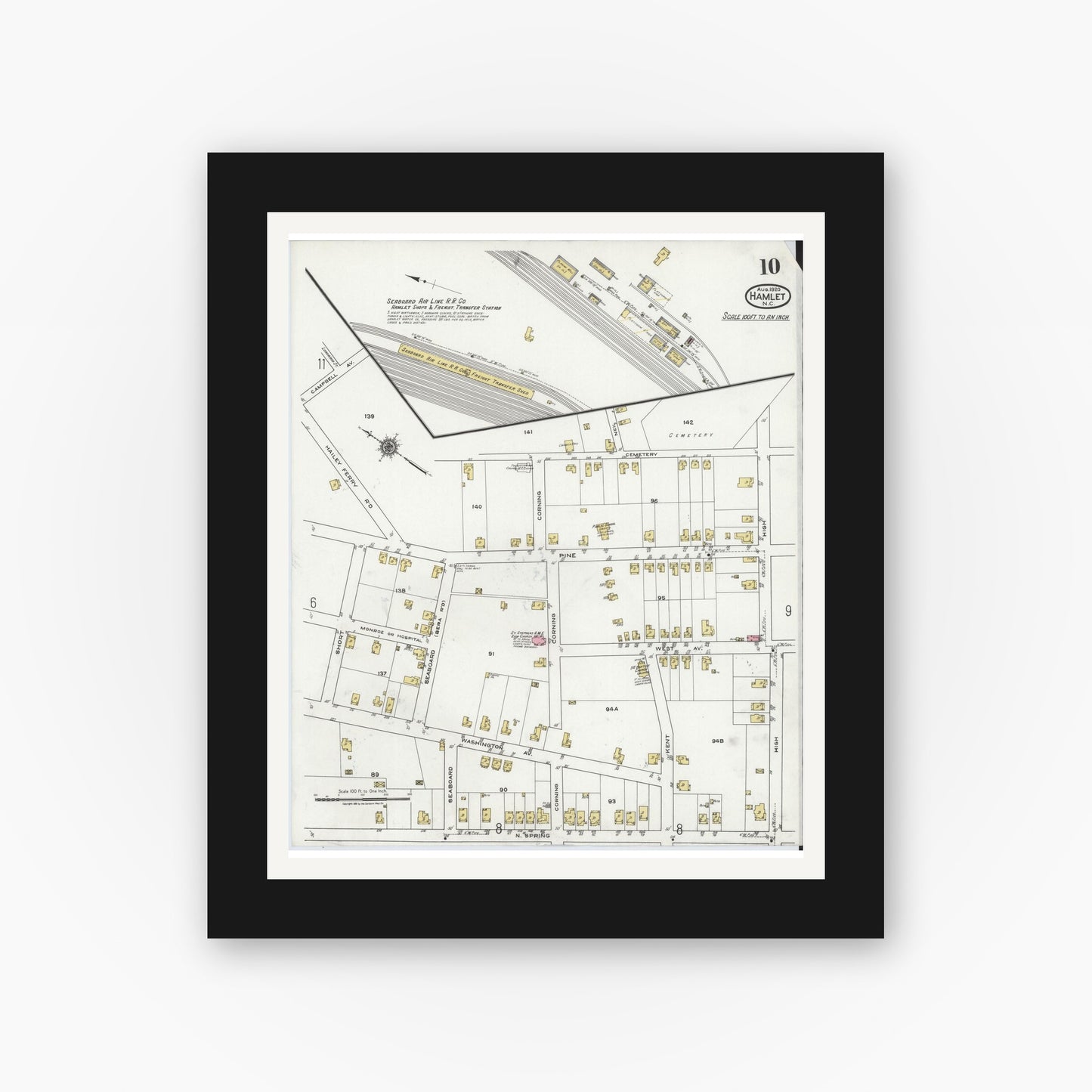 Old map wall art mockup — black gallery frame with white mat — Sanborn Fire Insurance Map from Hamlet, Richmond County, North Carolina (1920), Sheet #0010