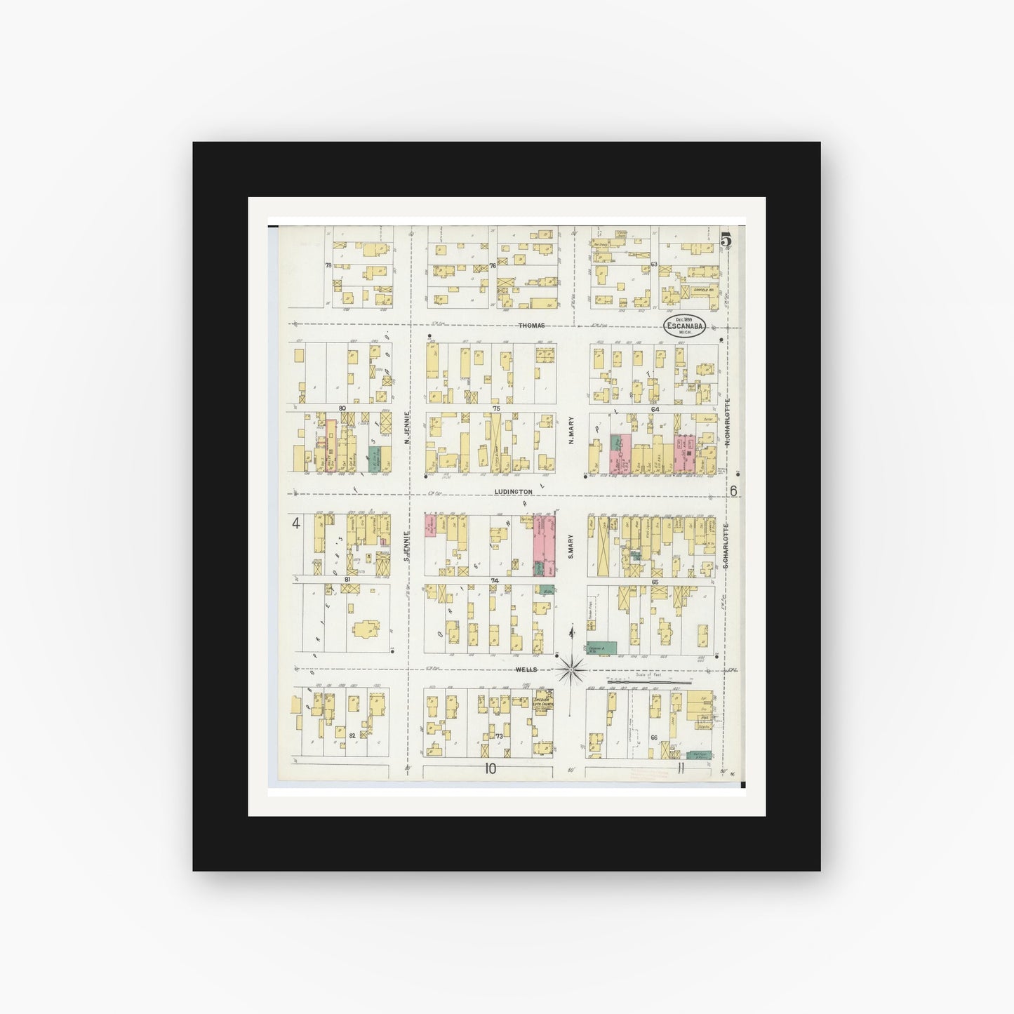 Old map wall art mockup — black gallery frame with white mat — Sanborn Fire Insurance Map from Escanaba, Delta County, Michigan (1899), Sheet #0005