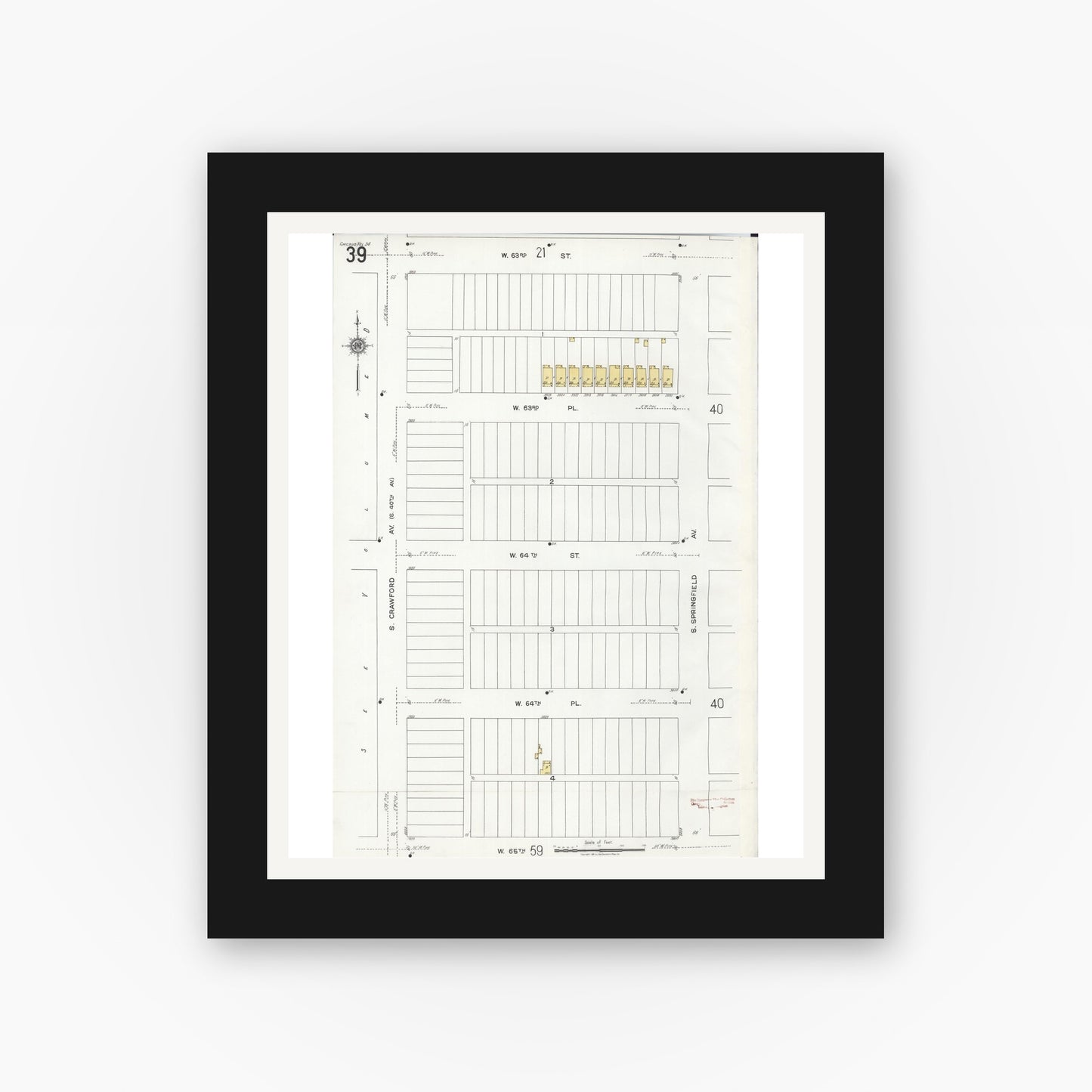 Old map wall art mockup — black gallery frame with white mat — Sanborn Fire Insurance Map from Chicago, Cook County, Illinois (1920), Sheet #0039