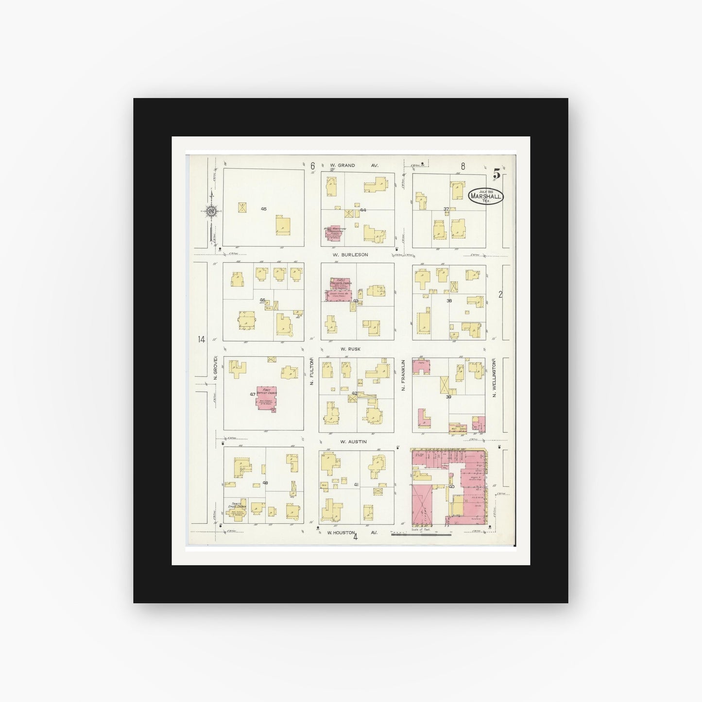Old map wall art mockup — black gallery frame with white mat — Sanborn Fire Insurance Map from Marshall, Harrison County, Texas (1915), Sheet #0005