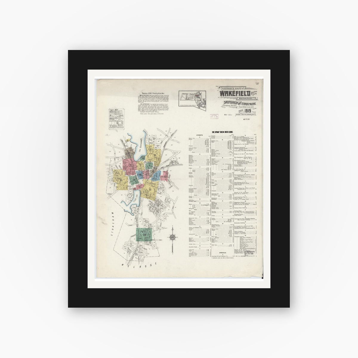 Old map wall art mockup — black gallery frame with white mat — Sanborn Fire Insurance Map from Wakefield, Middlesex County, Massachusetts (1915) - Complete Map Set