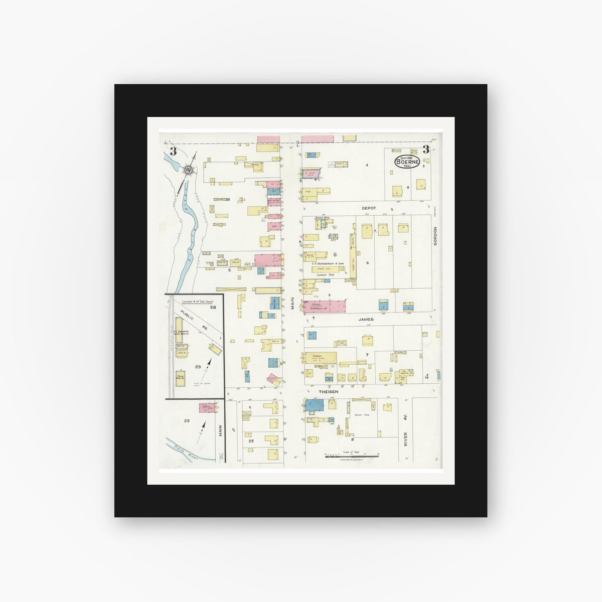 Old map wall art mockup — black gallery frame with white mat — Sanborn Fire Insurance Map from Boerne, Kendall County, Texas (1924), Sheet #0003