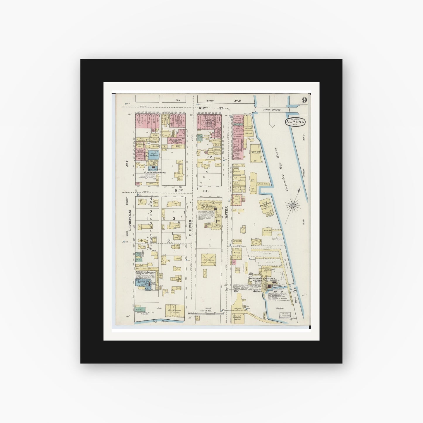 Old map wall art mockup — black gallery frame with white mat — Sanborn Fire Insurance Map from Alpena, Alpena County, Michigan (1890), Sheet #0009