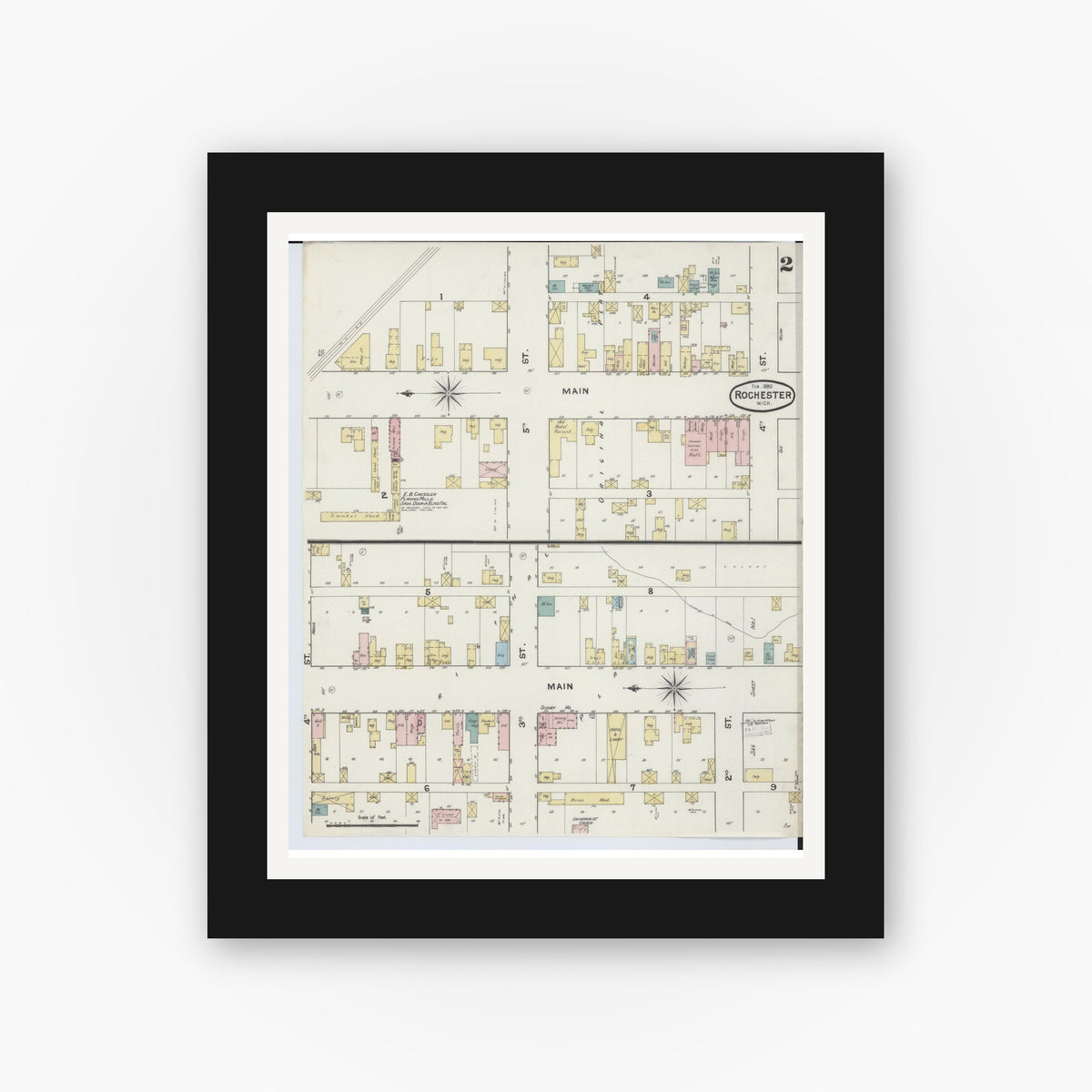 Old map wall art mockup — black gallery frame with white mat — Sanborn Fire Insurance Map from Rochester, Oakland County, Michigan (1890), Sheet #0002