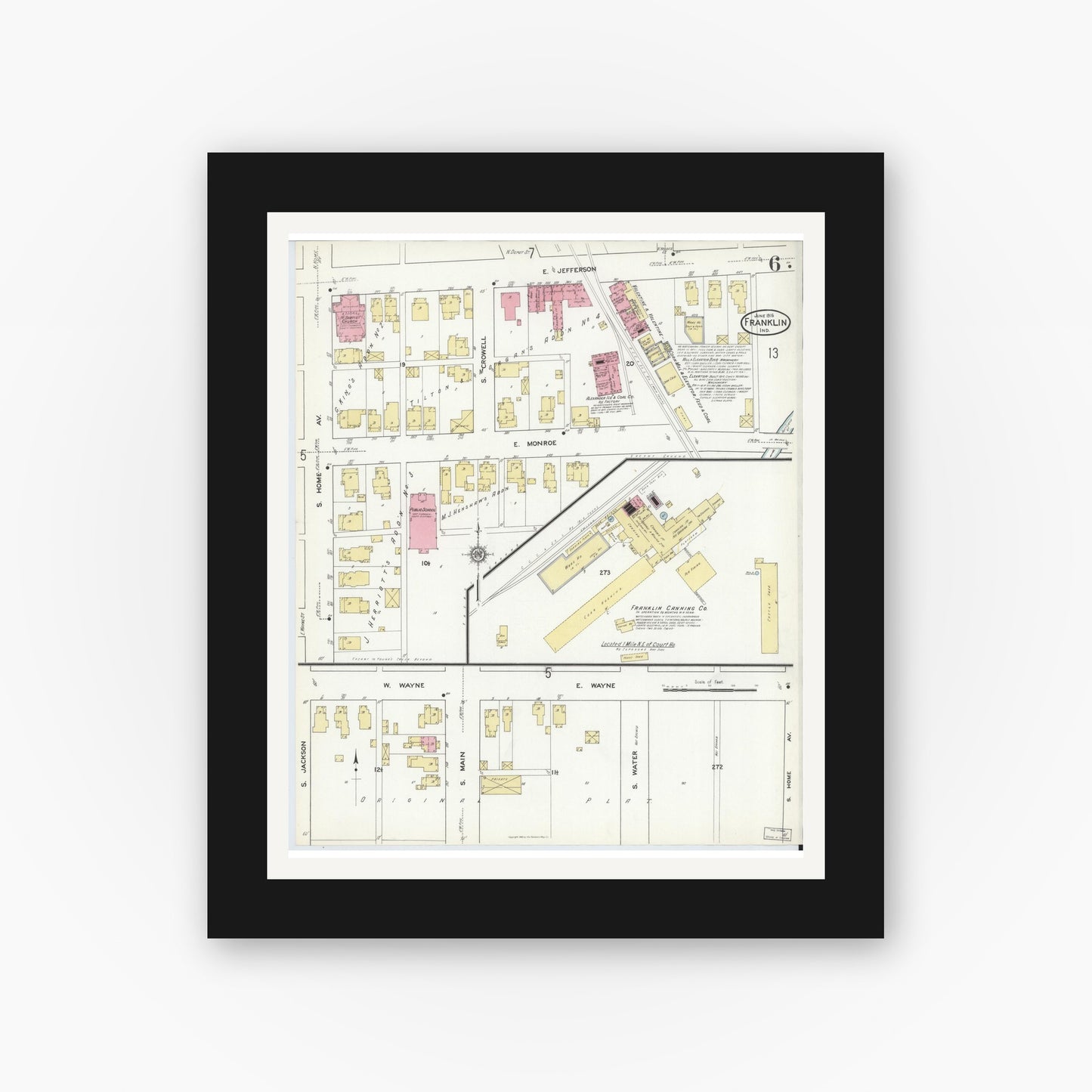 Old map wall art mockup — black gallery frame with white mat — Sanborn Fire Insurance Map from Franklin, Johnson County, Indiana (1916), Sheet #0006