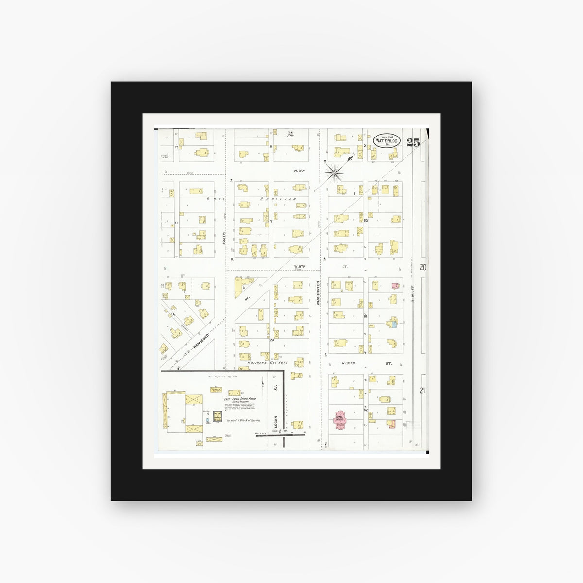 Old map wall art mockup — black gallery frame with white mat — Sanborn Fire Insurance Map from Waterloo, Black Hawk County, Iowa (1906), Sheet #0025