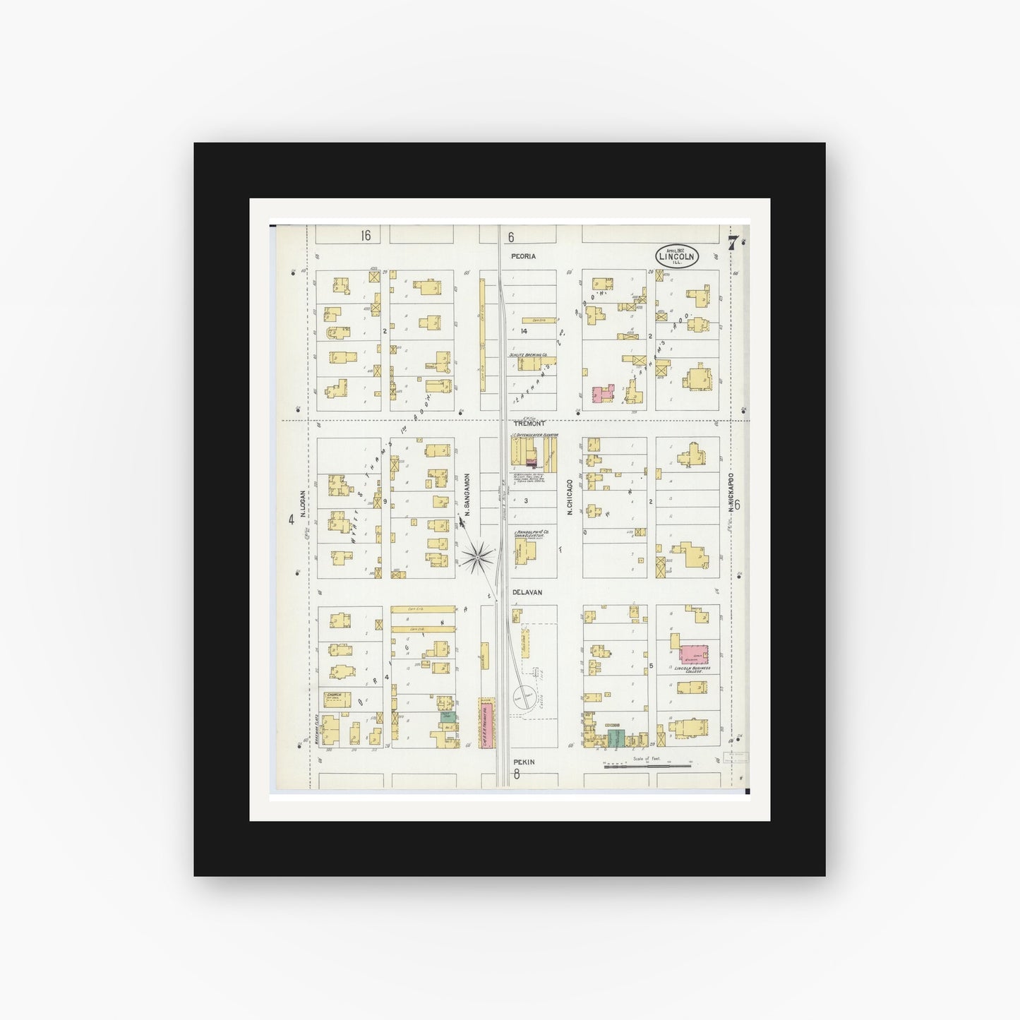 Old map wall art mockup — black gallery frame with white mat — Sanborn Fire Insurance Map from Lincoln, Logan County, Illinois (1902), Sheet #0007