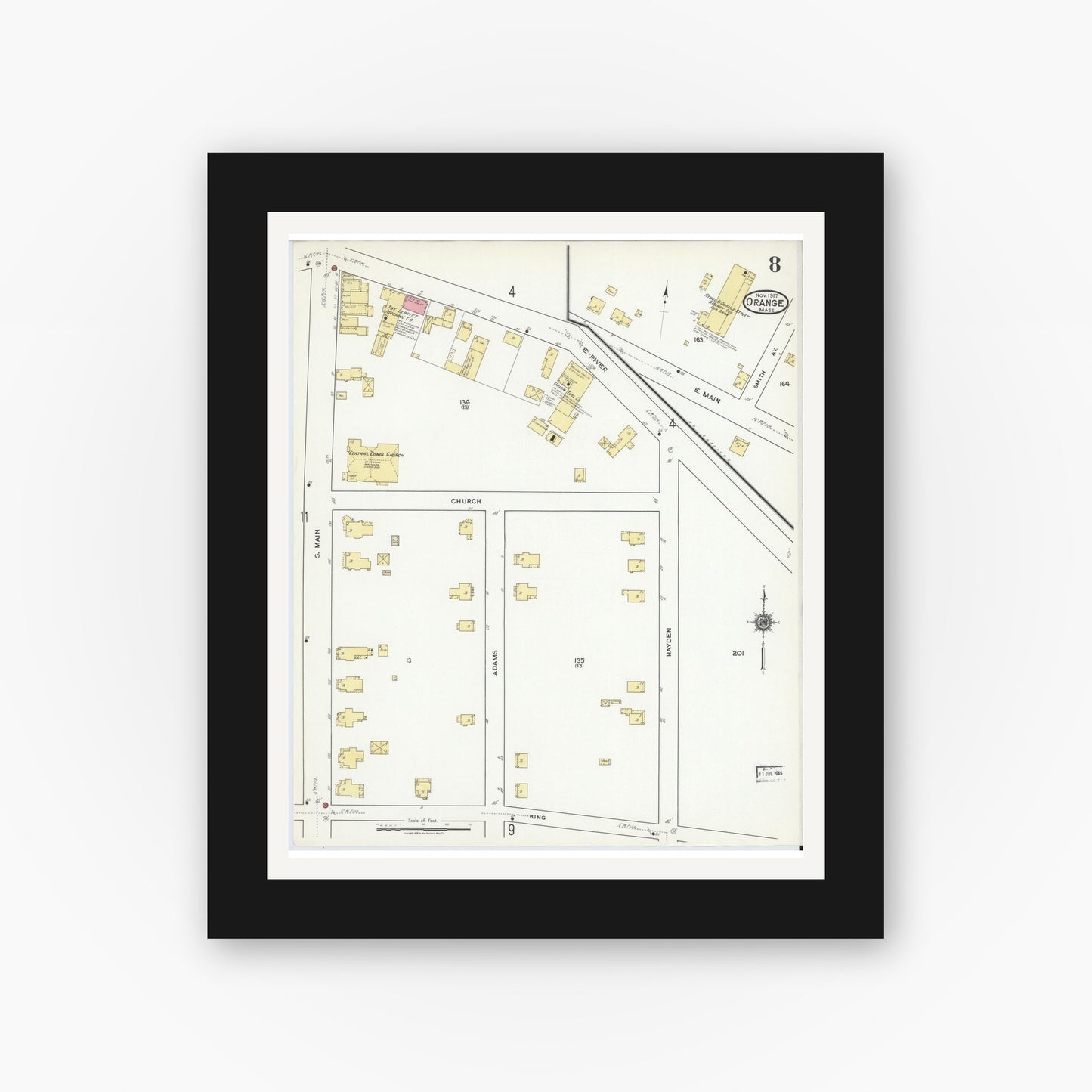 Old map wall art mockup — black gallery frame with white mat — Sanborn Fire Insurance Map from Orange, Franklin County, Massachusetts (1917), Sheet #0008