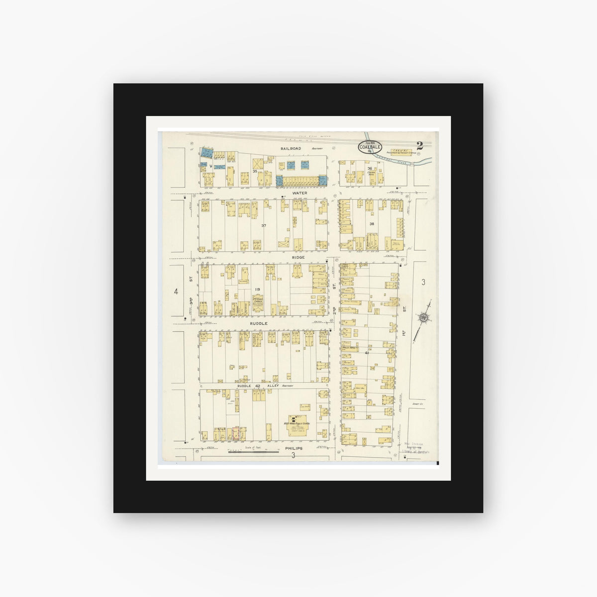 Old map wall art mockup — black gallery frame with white mat — Sanborn Fire Insurance Map from Coaldale, Schuylkill County, Pennsylvania (1916), Sheet #0002