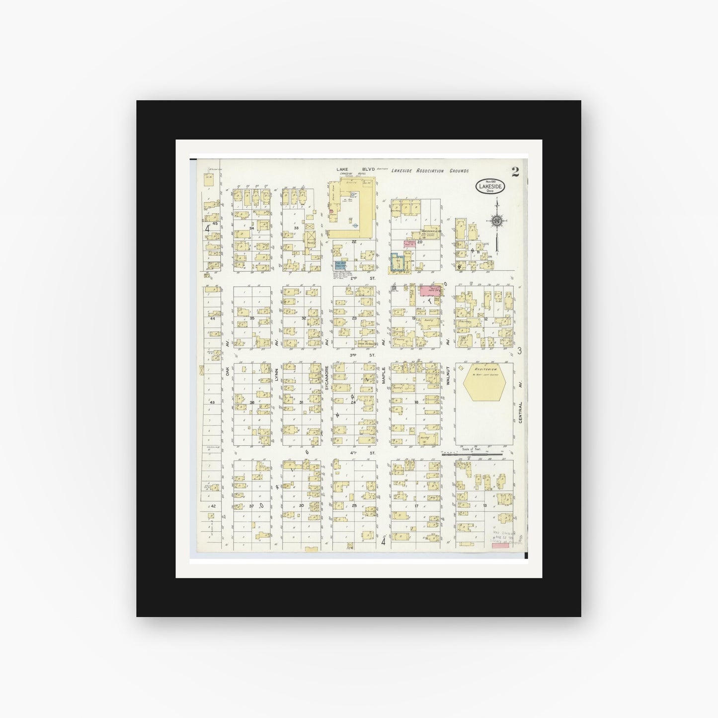 Old map wall art mockup — black gallery frame with white mat — Sanborn Fire Insurance Map from Lakeside, Ottawa County, Ohio (1910), Sheet #0002