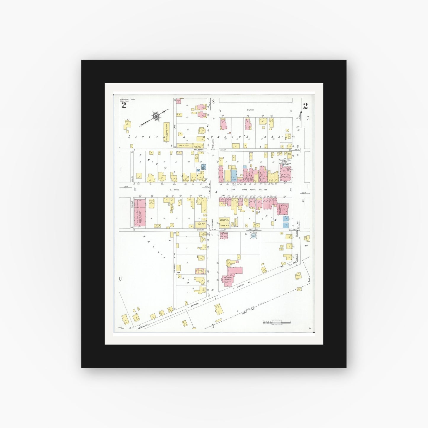 Old map wall art mockup — black gallery frame with white mat — Sanborn Fire Insurance Map from Kingston, Ross County, Ohio (1949), Sheet #0002