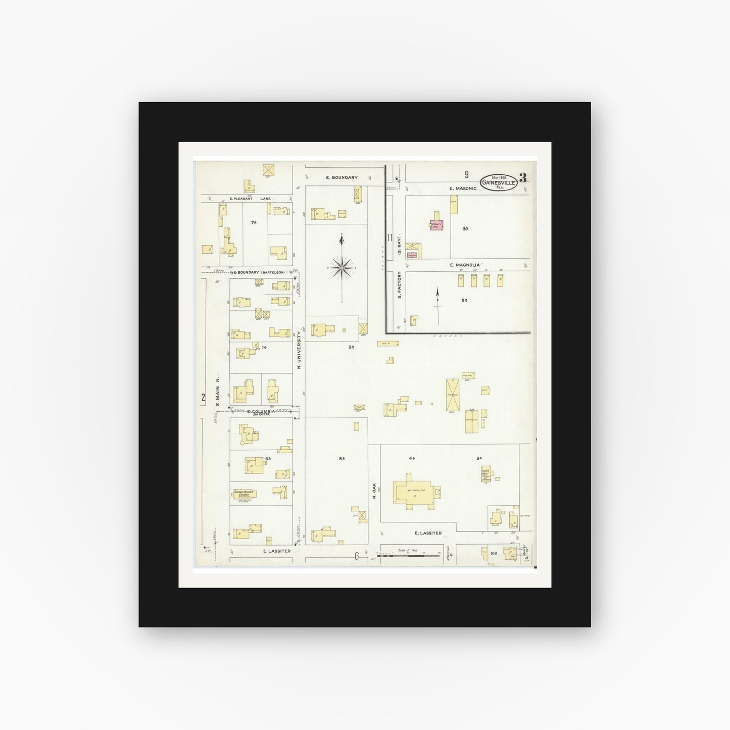 Old map wall art mockup — black gallery frame with white mat — Sanborn Fire Insurance Map from Gainesville, Alachua County, Florida (1909), Sheet #0003
