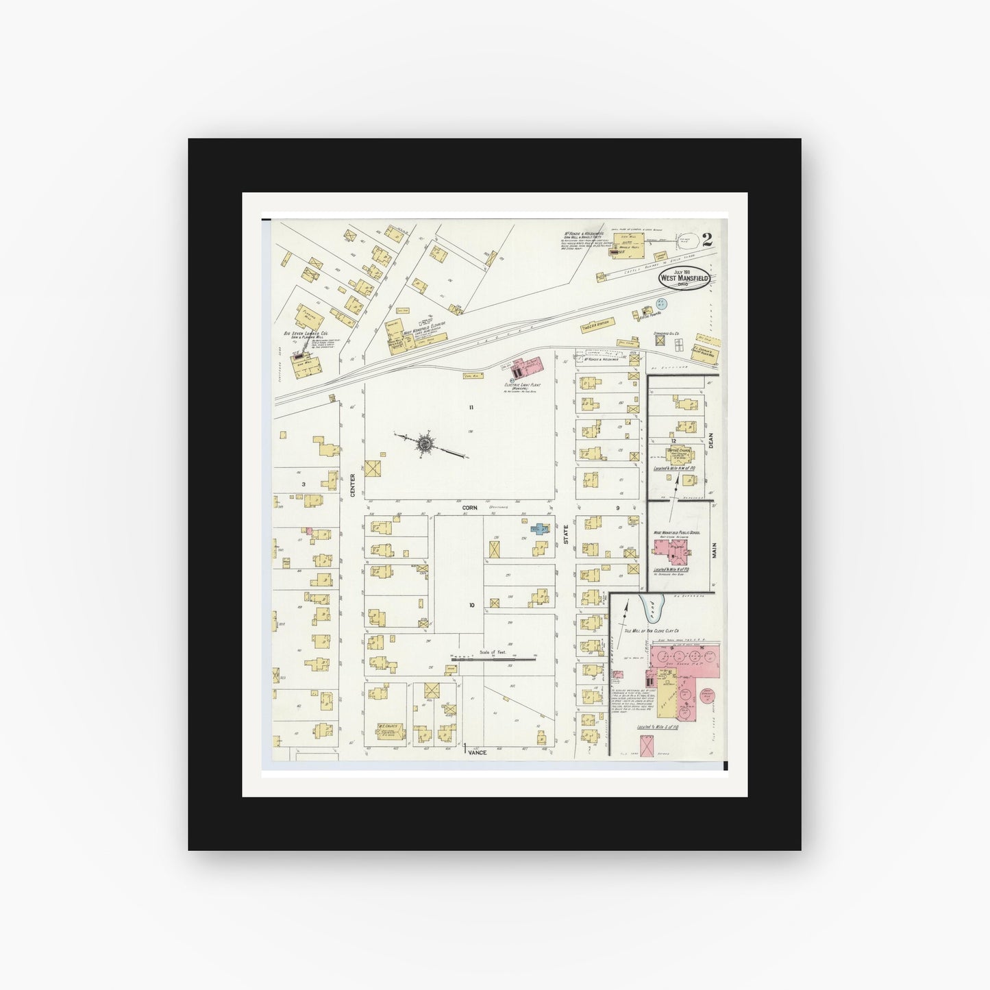Old map wall art mockup — black gallery frame with white mat — Sanborn Fire Insurance Map from West Mansfield, Logan County, Ohio (1911), Sheet #0002