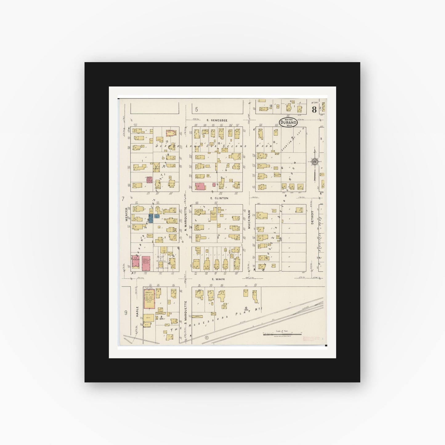 Old map wall art mockup — black gallery frame with white mat — Sanborn Fire Insurance Map from Durand, Shiawassee County, Michigan (1922), Sheet #0008