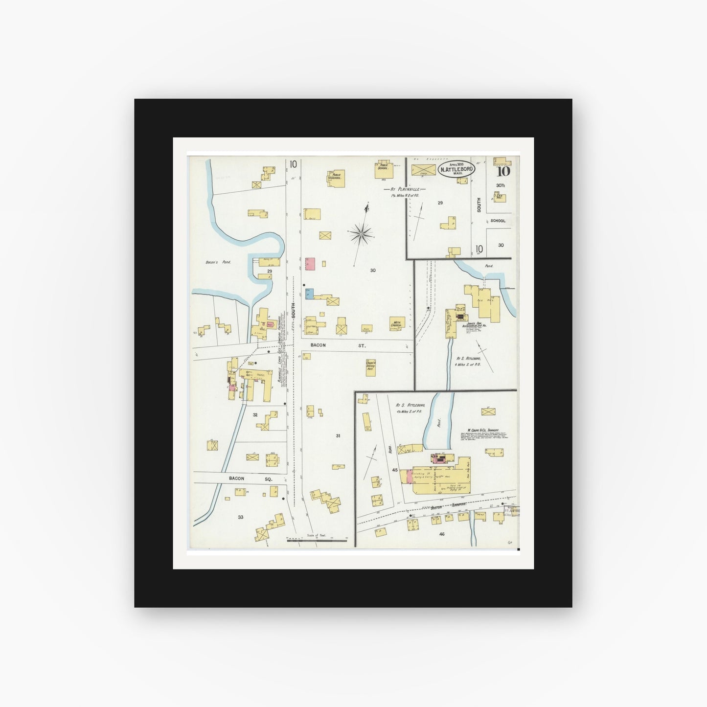 Old map wall art mockup — black gallery frame with white mat — Sanborn Fire Insurance Map from North Attleborough, Bristol County, Massachusetts (1899), Sheet #0010