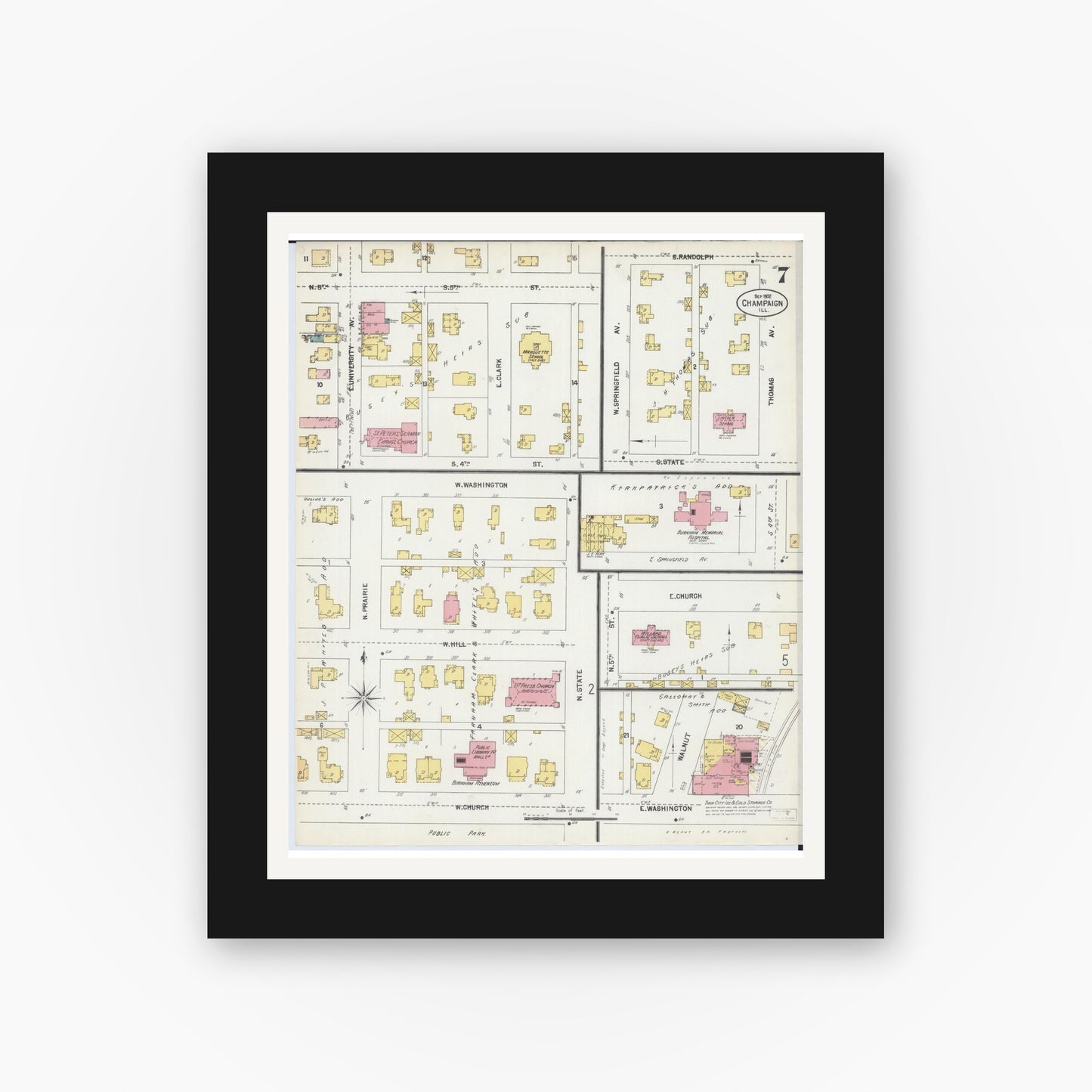 Old map wall art mockup — black gallery frame with white mat — Sanborn Fire Insurance Map from Champaign, Champaign County, Illinois (1902), Sheet #0007