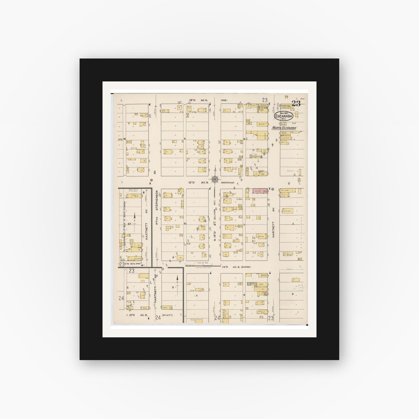 Old map wall art mockup — black gallery frame with white mat — Sanborn Fire Insurance Map from Escanaba, Delta County, Michigan (1921), Sheet #0023