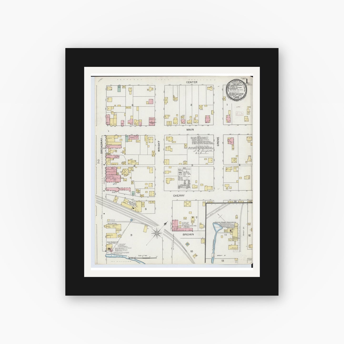 Old map wall art mockup — black gallery frame with white mat — Sanborn Fire Insurance Map from Blanchester, Clinton County, Ohio (1892), Sheet #0001