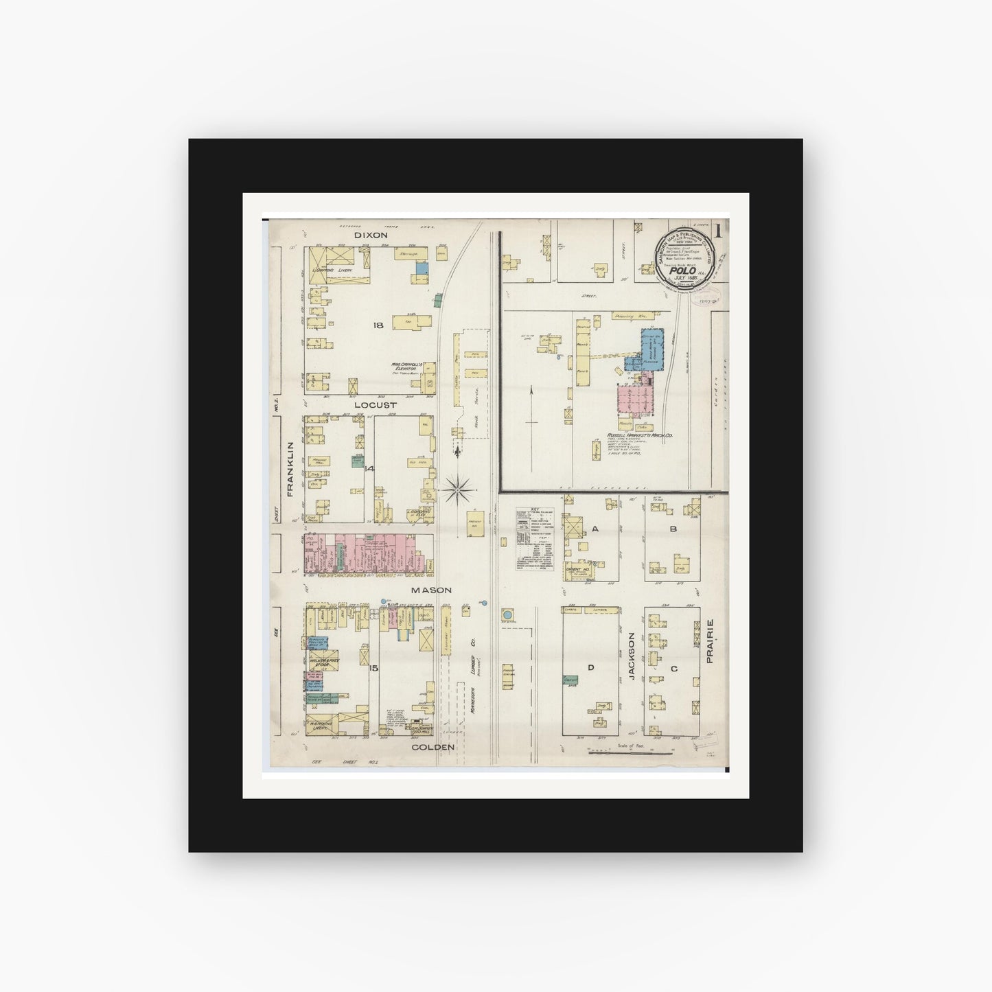Old map wall art mockup — black gallery frame with white mat — Sanborn Fire Insurance Map from Polo, Ogle County, Illinois (1885) - Complete Map Set